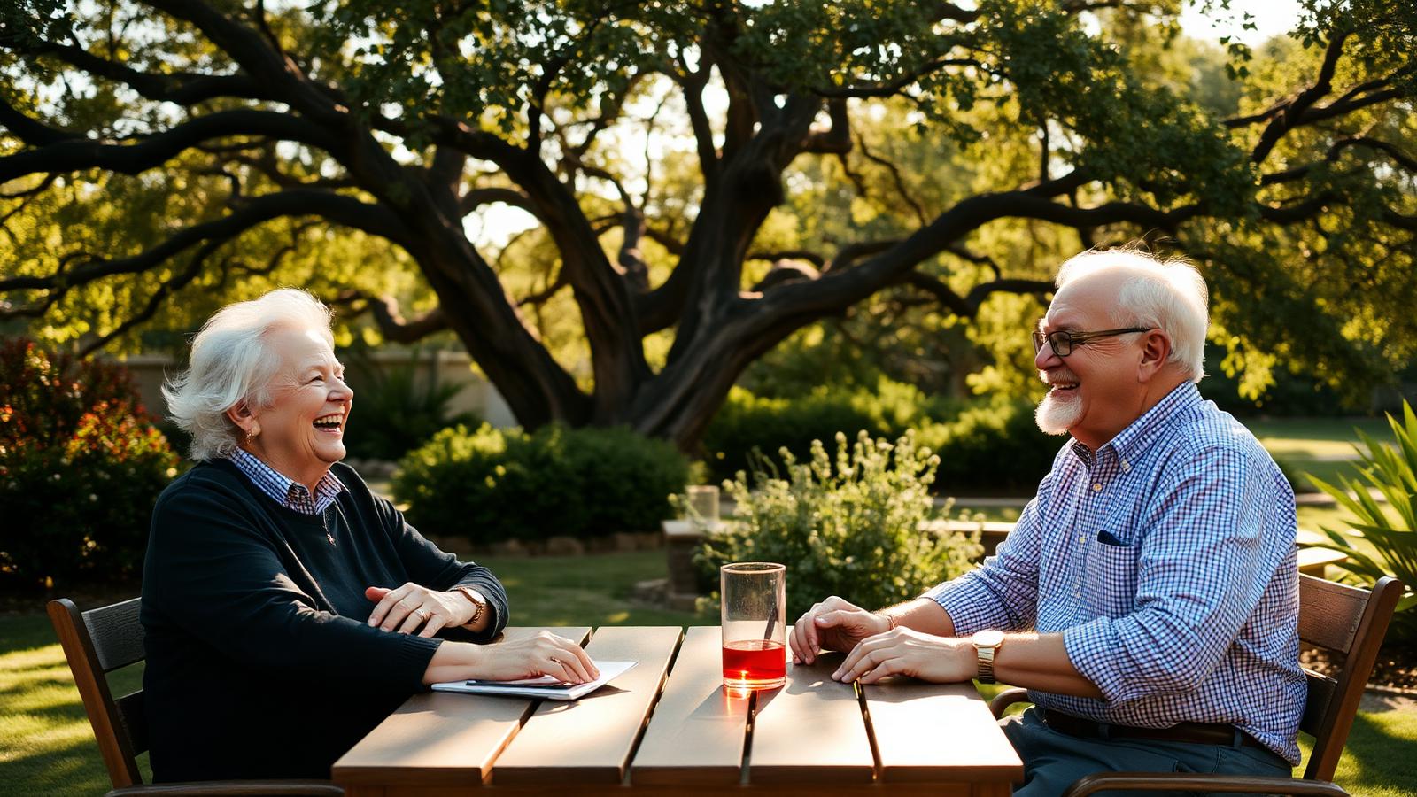 Two Central Texas seniors laughing together at a sunlit outdoor table beneath a live oak tree
